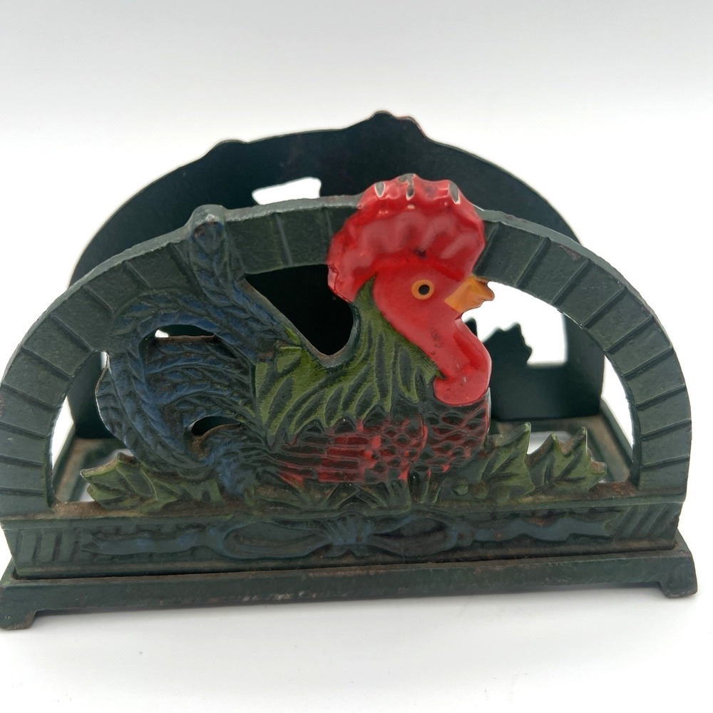 Vintage Cast Iron Rooster Napkin Holder Farmhouse Rustic Hand Painted Red Green